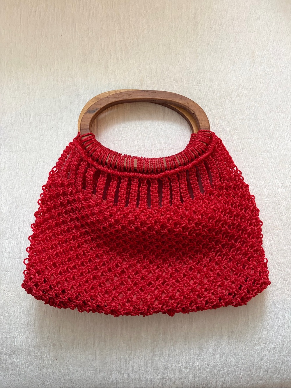 Vintage Red Knit Tote with Wooden Handles